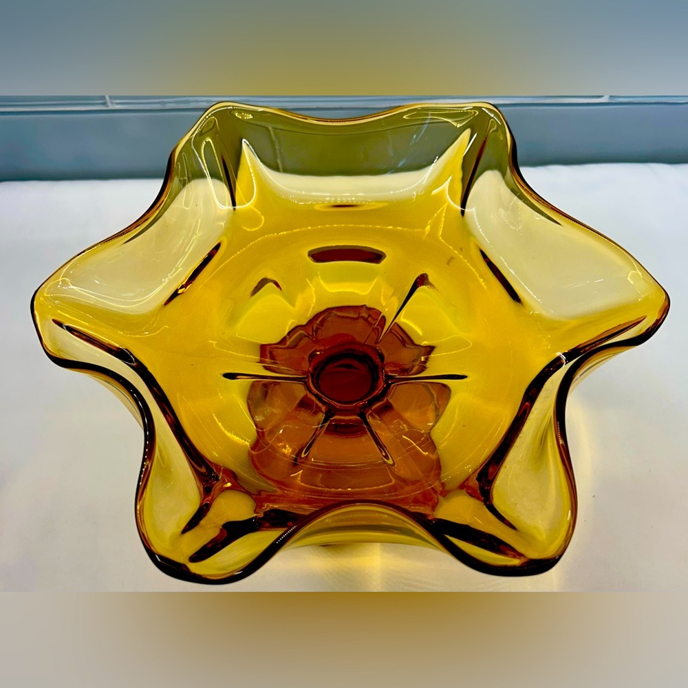 Vintage Viking Amber Epic Column Ribbed Pedestal Glass Ruffle Bowl Martinsville